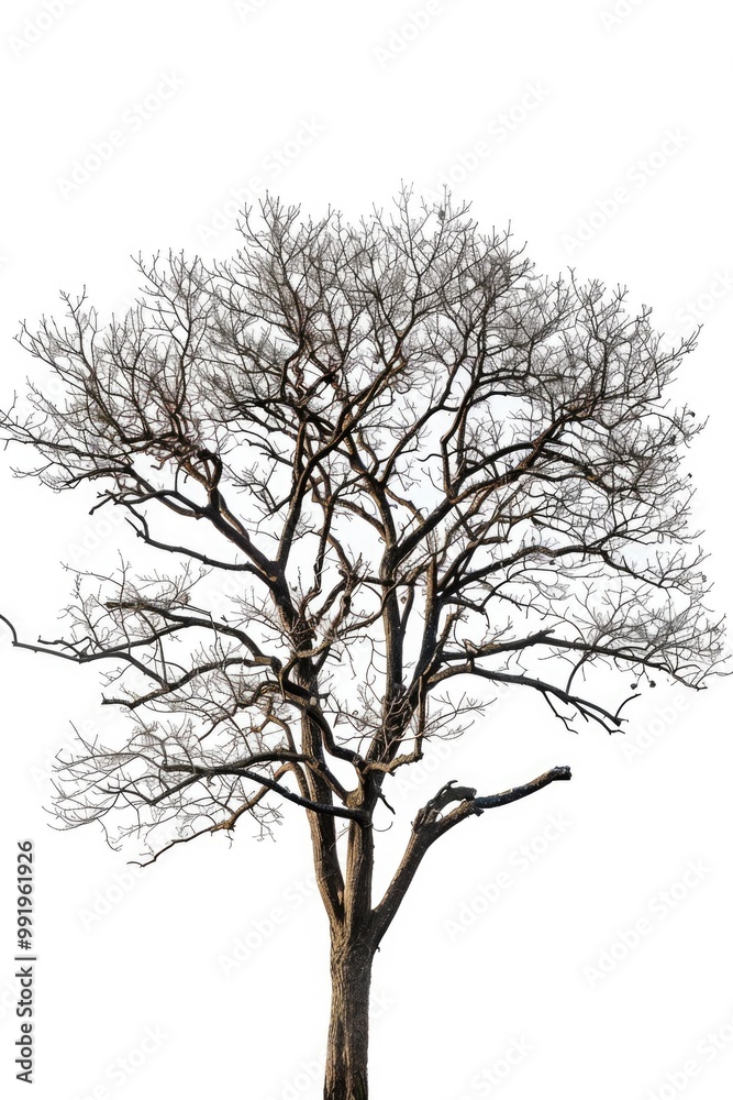 Poster a bare tree standing alone on a plain white background, perfect for minimalist designs and concepts