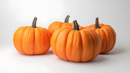 Realistic display of whole pumpkins on a white background, emphasizing their bright orange skin and ribbed surface
