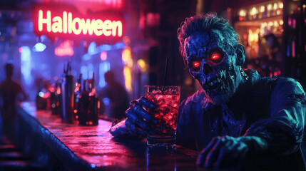Creepy living dead with glowing eyes drinks cocktail in dark bar, scary skeleton zombie celebrates Halloween at apocalypse. Concept of dystopia, horror, holiday, party,