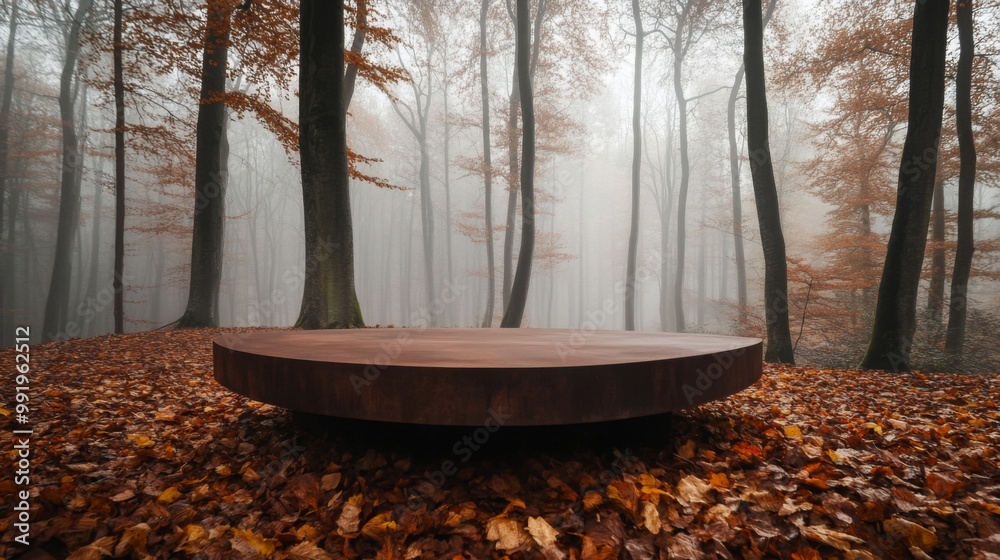 Poster A round wooden platform rests on a carpet of orange and brown leaves in a foggy forest. The surrounding trees display their fall colors, creating a tranquil and mystical atmosphere.