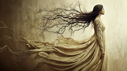A mysterious woman with long, dark hair flows gracefully in a flowing robe, with a tattooed tree symbolizing life and secrets on her back