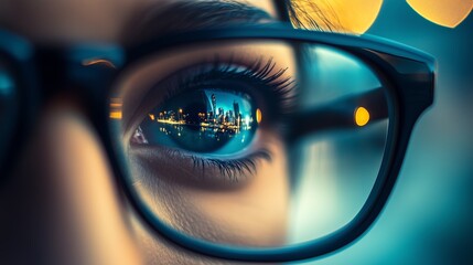 Close-up view of a person’s eye reflecting a city skyline at twilight with glasses on