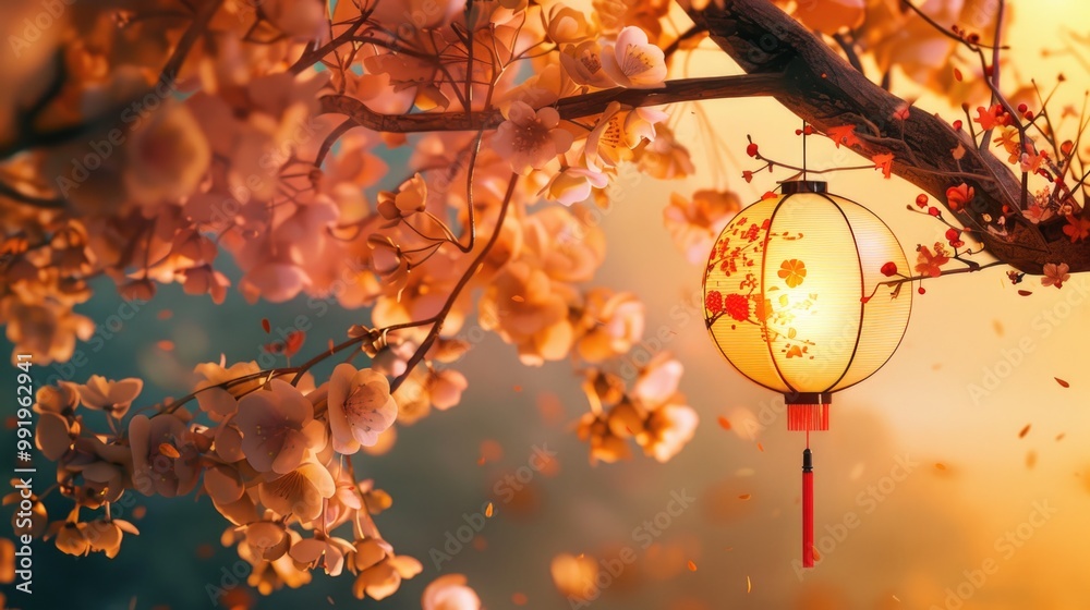 Poster a single chinese lantern hangs from a tree branch in a peaceful setting, perfect for use in illustra