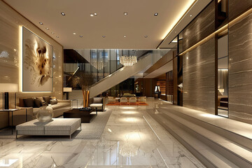 A large, open room with a chandelier hanging from the ceiling.,