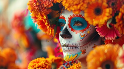 Traditional Day of the Dead Celebration with Colorful Costumes and Vibrant Marigold Flowers