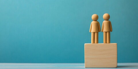 Two wooden figures representing people on blocks with a blue background and ample copy space