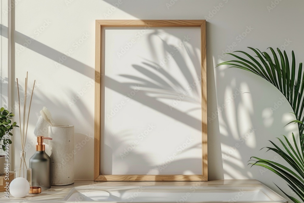 Poster a picture frame sits on a shelf next to a small potted plant, perfect for decorative use