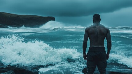 A solitary man stands against the stormy sea, tattooed and steadfast on a rocky shoreline