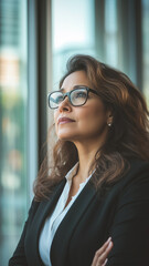 Fototapeta premium copy space, stockphoto, successful middle aged mature professional latin business woman looking out of an office window. Succesful hispanic business woman, thinking, looking outside.