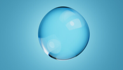 Abstract water bubble on blue background. Blue distorted droplet floating, Purity concept. 3d render illustration