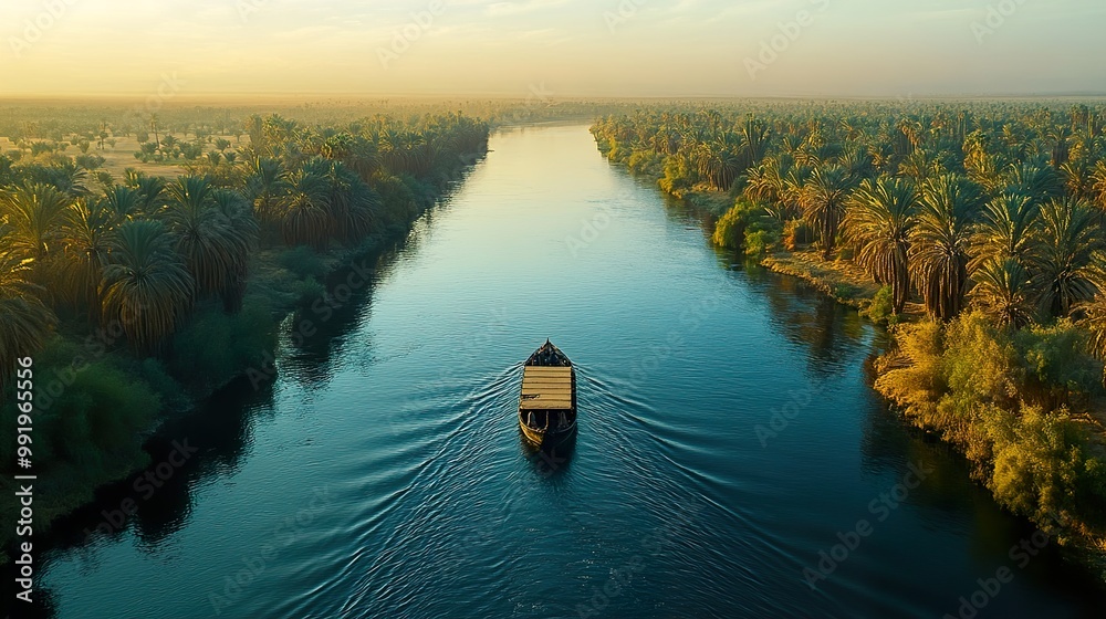 Poster Tranquil River Through Palm Tree Forest at Sunset