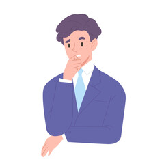 Young businessman in thinking gesture isolated on white background. Concept of working, making decision, business strategy planning, concern, employee, worry. Flat vector illustration character.