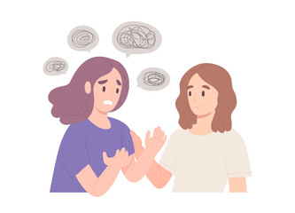 Young woman is expressing her feelings with close friend or girlfriend. Concept of mental health, emotion, active listening , problem, consulting, conversation, talking with friend. Flat vector.