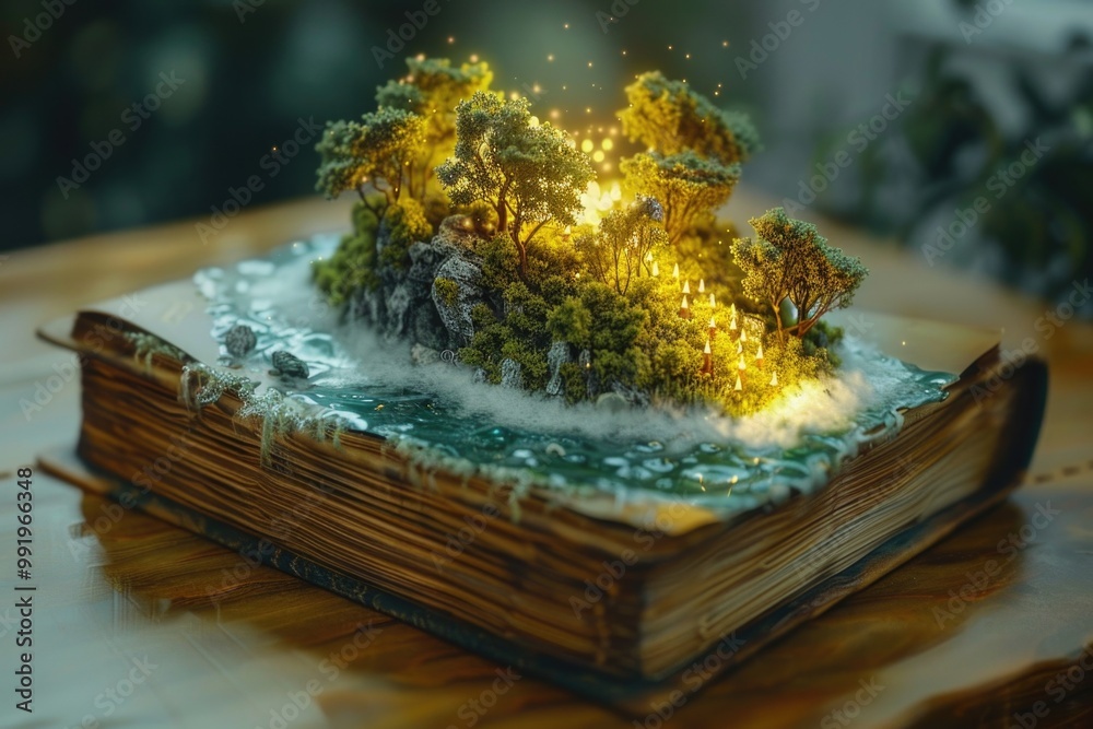 Poster a book with a tree growing out of the cover, great for illustrating nature and learning concepts