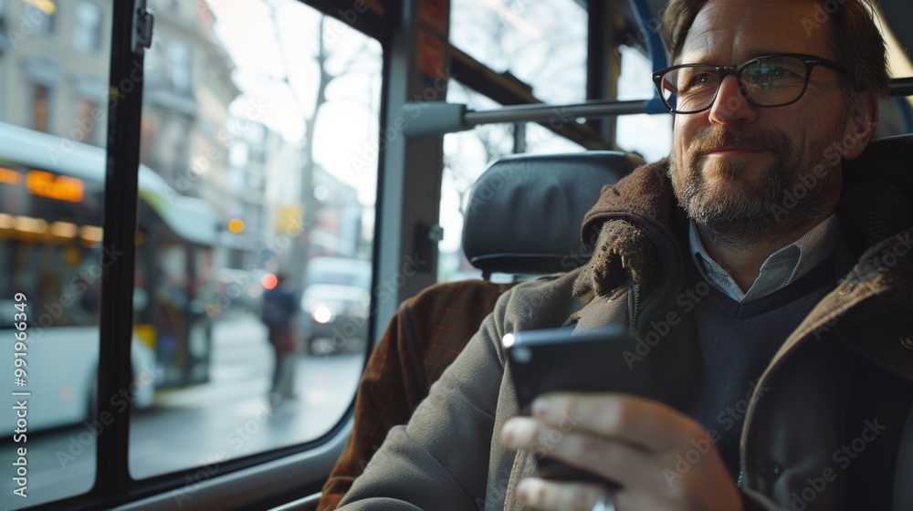 Poster a person sitting on a bus staring at their mobile device