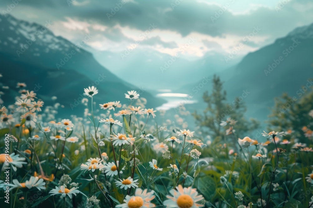 Poster a scenic view of a field filled with daisies and mountains in the background