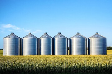 Line of towering grain silos gleams in the sunlight of a vast cornfield, capturing the essence of rural life in the american midwest. Ideal for farming and agribusiness projects