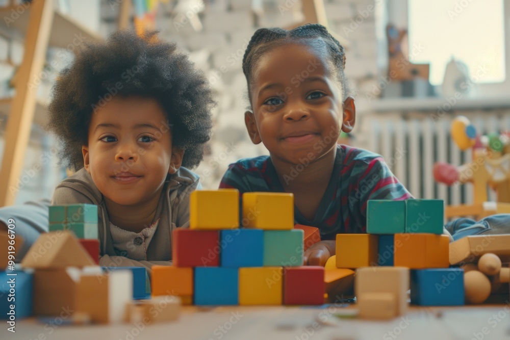 Poster two kids building and creating with wooden blocks in a cozy room