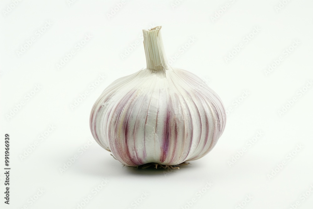 Poster a close-up shot of a garlic bulb on a white surface, ideal for use in cooking or food-related projec