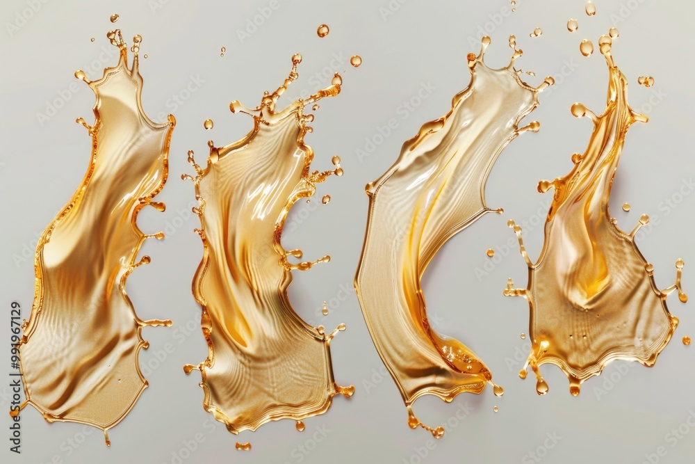 Poster Close-up shot of golden liquid splashing on top of each other, suitable for use in business or scientific presentations