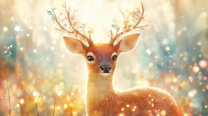 A delicate deer adorned with pastel flowers and sparkling lights in a dreamy watercolor forest during golden hour