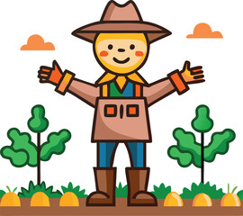 Happy scarecrow vegetable garden illustration.