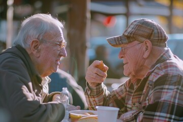 Two elderly men enjoying their dinner together