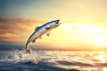 Fototapeta premium Stunning salmon jumps in the sunset-lit water, creating a splash of freedom and nature's beauty