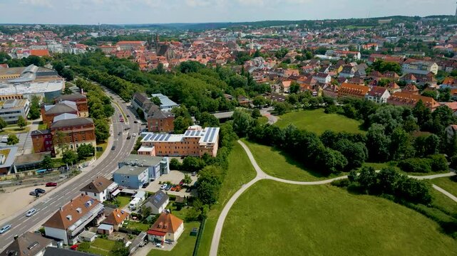 4K Aerial Drone Video of Rezatparkplatz West Parking Lot on the Frankische Rezat River in Ansbach, Germany