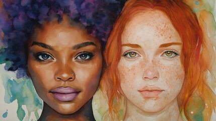 Obraz premium Vibrant watercolor portrait of two distinct women showcasing diverse beauty and joyful expressions in lively colors