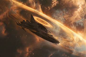 A spaceship is flying through space and is surrounded by a large, glowing