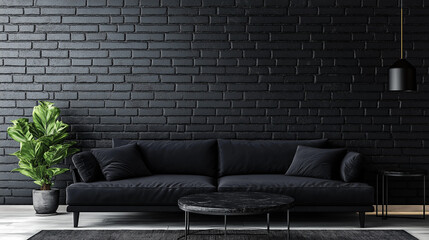 black sofa with table and pot for plants on background black  brick wall , 
