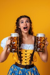 A woman holds two mugs of beer, a fun moment captured