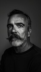 Obraz premium Dramatic Studio Portrait of a Man with Perfectly Groomed Mustache in Black and White