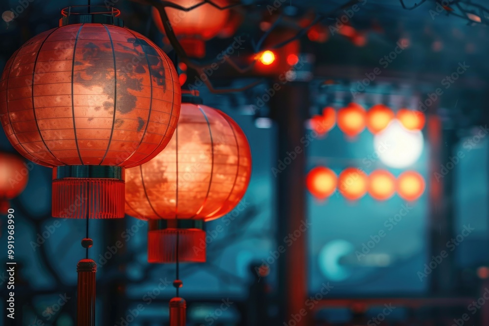 Poster outdoor decorations with red lanterns suspended from a tree branch