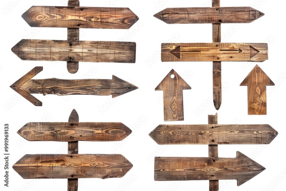 Poster A set of wooden signs pointing in various directions, useful for maps and navigation