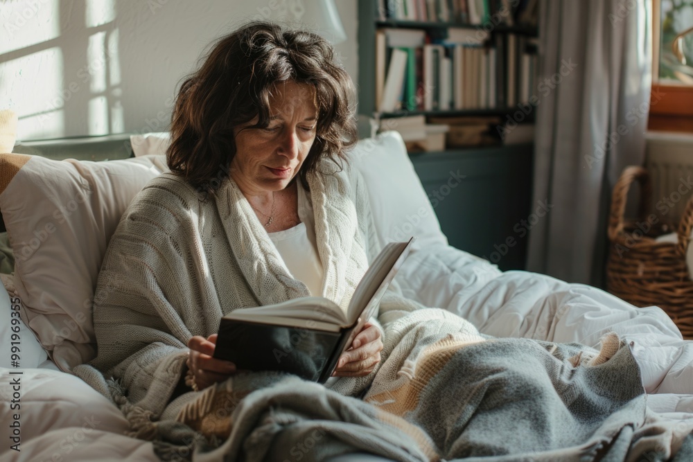 Poster a person sitting on a bed with an open book in hand, possibly relaxing or learning