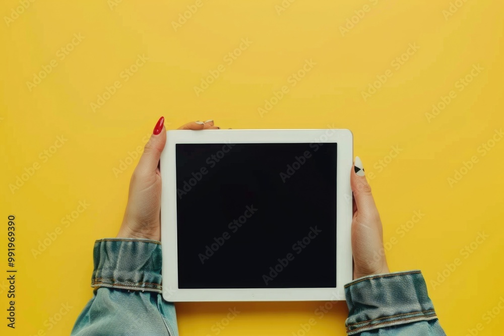 Poster a person holds a tablet computer with a blank screen
