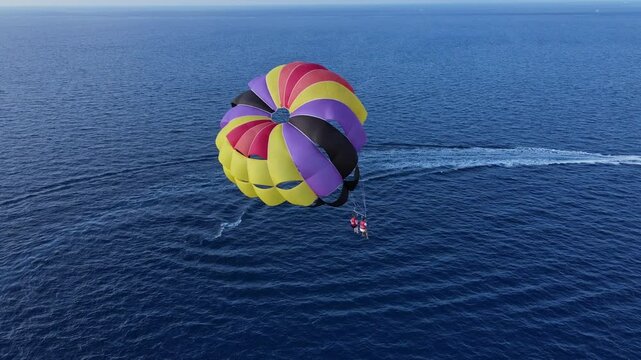 Couple Parasailing over Blue Ocean on Colorful Double Canopy Tugged by Boat, Drone View