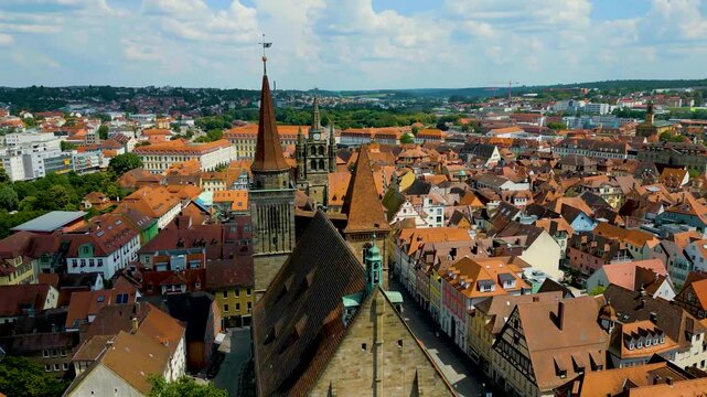 4K Aerial Drone Video of the St. Johannis Kirche Church and Kirche St. Gumbertus Church in Downtown Ansbach, Germany