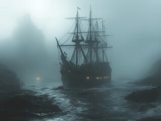 Obraz premium Ship in the fog. A ghost ship sailing through a misty, haunted sea.