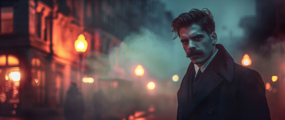 Dramatic Portrait of Man with Handlebar Mustache in Foggy City Street at Night - Perfect for Vintage Posters