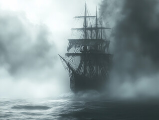 Ship in the fog. A ghost ship sailing through a misty, haunted sea.