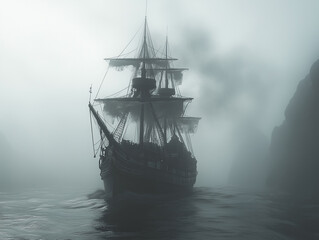 Fototapeta premium Ship in the fog. A ghost ship sailing through a misty, haunted sea.