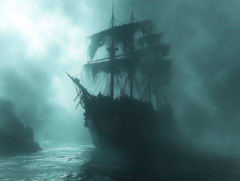 Ship in the fog. A ghost ship sailing through a misty, haunted sea.
