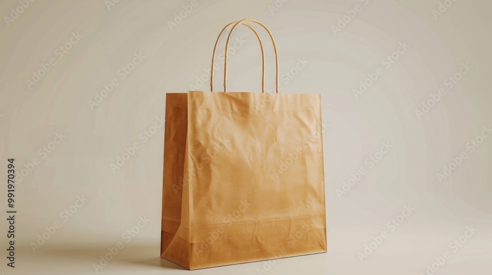 Poster a simple brown paper bag sitting on a flat surface, could be used as a prop for still life photograp