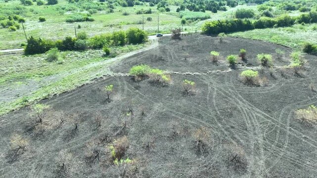 drone flying over a burnt field