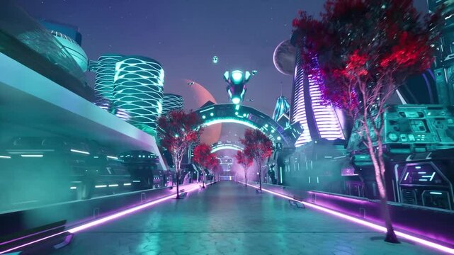 Exploring a vibrant, futuristic city filled with neon lights and advanced architecture at night