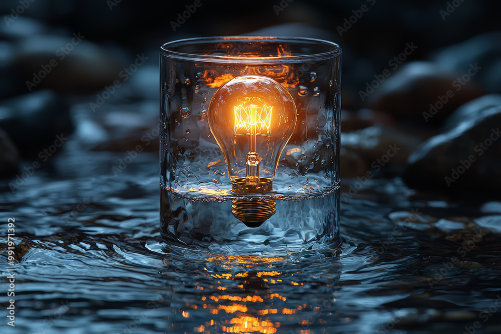 Sticker A light bulb floating in a glass of water, symbolizing the idea of innovation emerging from unexpected places.