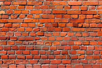 Obraz premium Seamless rustic red brick wall, showcasing various shades of red and orange bricks with visible mortar lines. The texture is rough, and some bricks appear weathered.